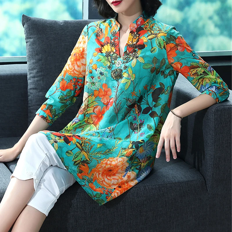 

Summer Spring Casual Women Female Loose Flower Print 3/4 Sleeve Beading Rhinestone Linen Blouse Tops , Womens Long Floral Top