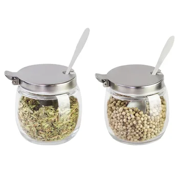 

2PCS Spice Jars Glass Round Pepper Sugar Corn Starch Salt Condiment Jars Shakers Container With Stainless Steel Lid And Spoon
