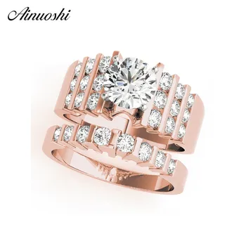 

AINUOSHI 925 Sterling Silver Women Wedding Ring Set Rose Gold Color 1ct Round Engagement Bridal Ring Sets Anniversary Lover Gift