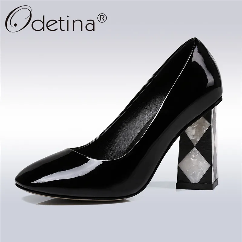 

Odetina 2019 New Fashion Genuine Leather Dress Pumps For Women Block High Heel Slip On Sexy Party Shoes Ladies Pointed Toe Pumps