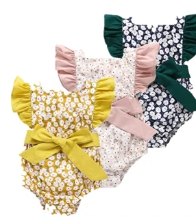 

European style 2019 summer newborn girl baby clothes bodysuits print flower small flying sleeve bow tie tights pink bodysuit