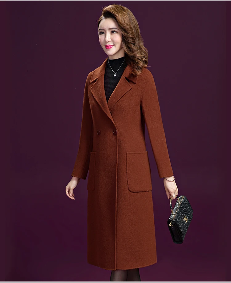 Элегантное женское пальто новое осенне-зимнее классическое пальто шерстяное пальто с отворотом одежда среднего возраста двустороннее Кашемировое Пальто 4XL 5XL
