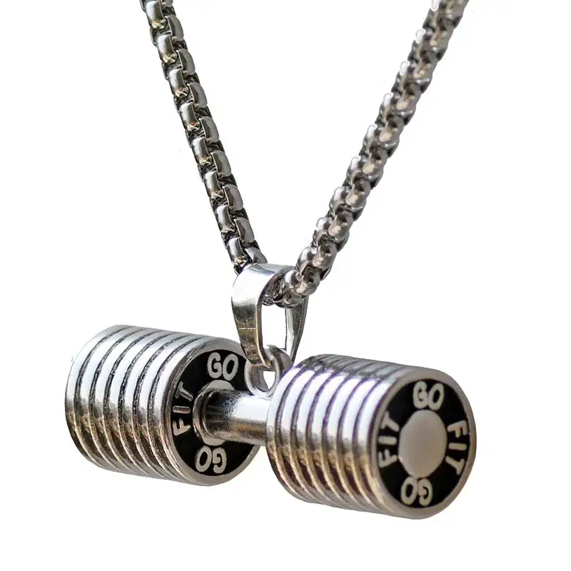 Fitness Dumbbell Charm Necklace Pendant Stainless Steel Chain
