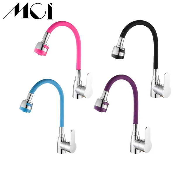 Best Offers Silica Gel Zinc Alloy Kitchen Faucet Any Direction Rotating Hot And Cold Water Tap Single Handle Four Colors Chrome Finish Mic