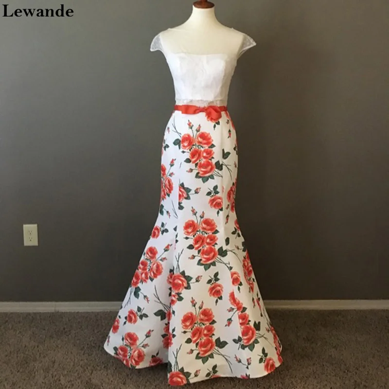 Lewande 50421 Bridesmaid Two Pieces Ivory Orange Floral Prom Dresses