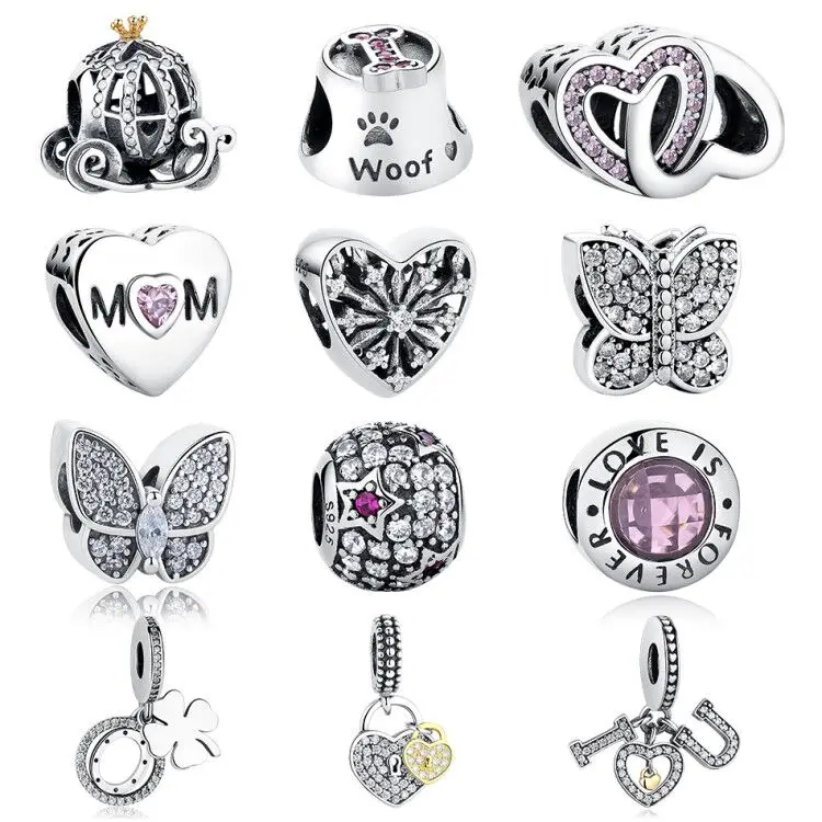 

100% 925 Sterling Silver Charm Bead Crystal Ladybug Dog Family Tree Clover Heart Charm Fit Original Pandora Bracelet DIY Jewelry