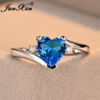 JUNXIN Blue Birthstone Heart Rings For Women White Gold Filled Purple Pink Black Zircon White Fire Opal Engagement Ring Female