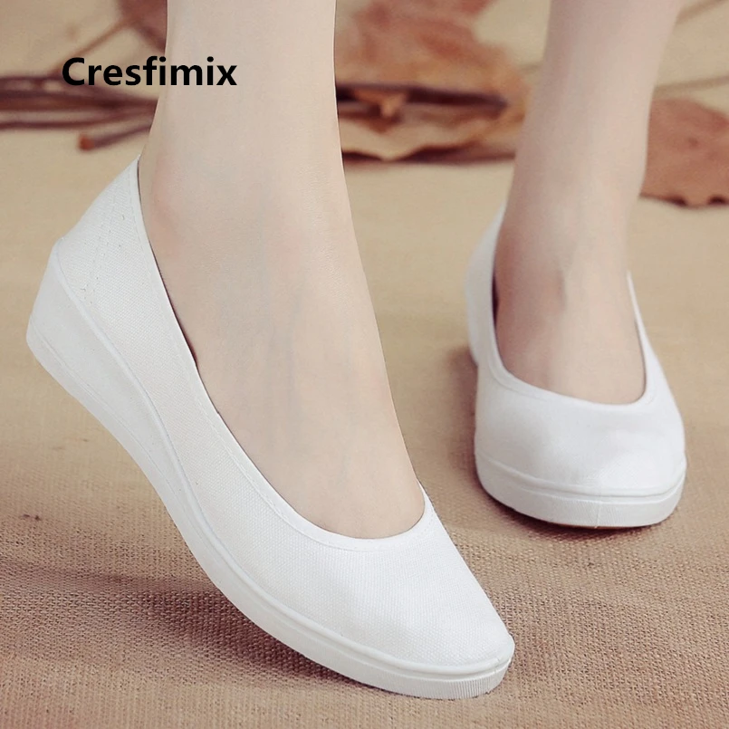 

Women Comfortable Spring & Summer White Wedge Heel Canvas Shoes Nurse Black Slip on Work Shoes Retro Ballet Dance Shoes E2190