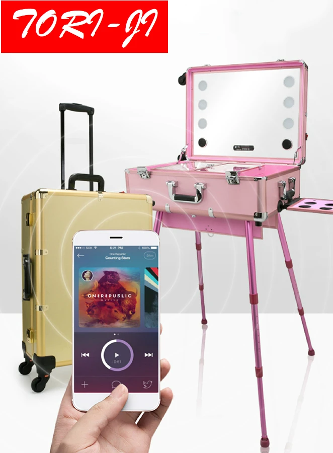 

Tori-ji Bluetooth Studio Makeup Case with Light - Pro Makeup Station-Rolling Makeup Artist Cosmetic Case w/ 6x 40W LED Light