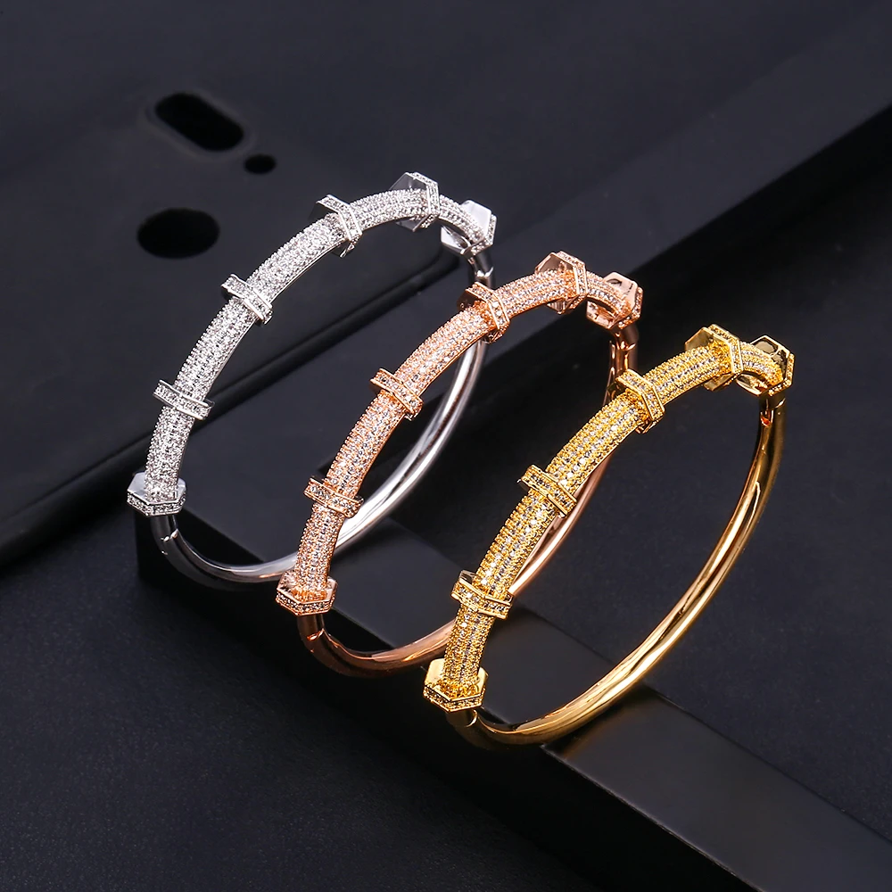 

Accking Fashion design bamboo joint Micro pave cubic zircon bracelet bangle copper for women gift Jewelry wholesale