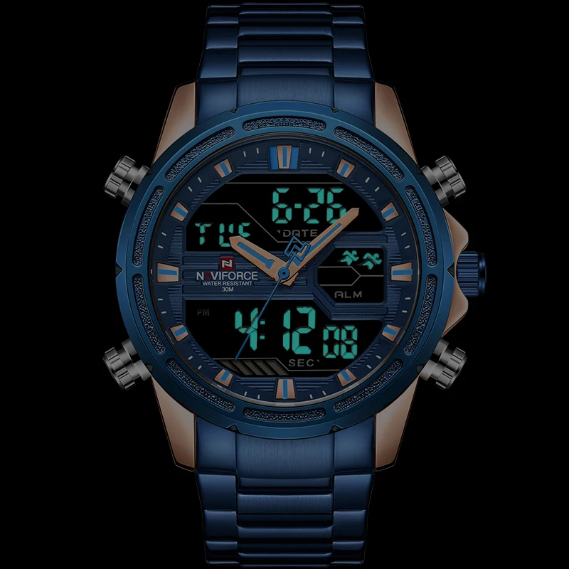 NAVIFORCE Мужские кварцевые светодиодный цифровые часы мужские синие полностью стальные военные наручные часы мужские водонепроницаемые часы