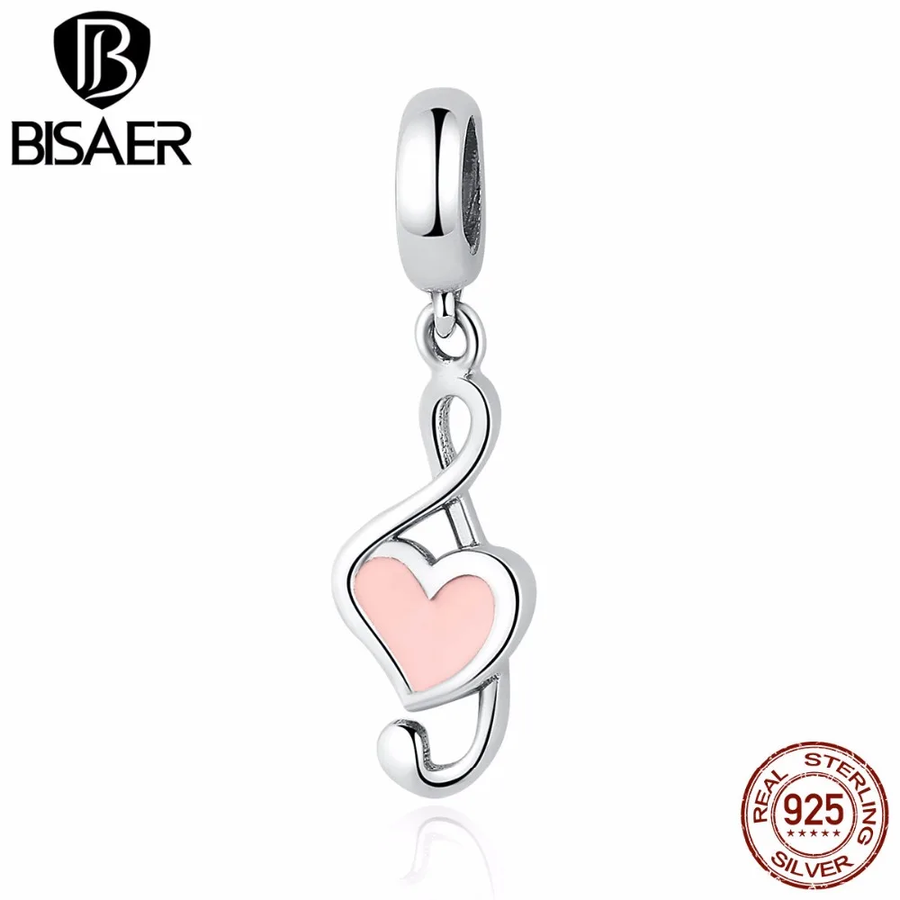 

100% 925 Sterling Silver Pink Heart Pendant Music Note Charms Fit BISAER Bracelets Women Fashion DIY Jewelry ECC110