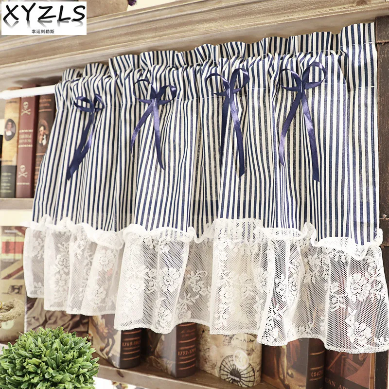 

XYZLS Luxury Striped and Lace Kitchen Curtain Cupboard Screen Cafe Half-Curtain Short Panel Drapes Door Curtains Valance