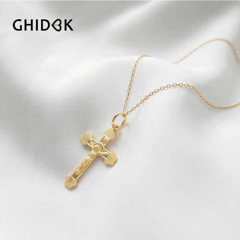 

GHIDBK Minimalist Gold Color Cross Christ Jesus Pendant Necklace 925 Sterling Silver Chain Necklaces Statement Choker Necklaces