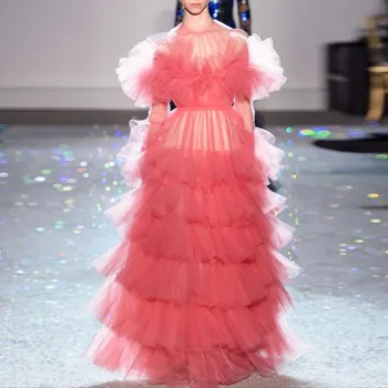 

New Trendy Short Sleeves Tiered Ruched Long Evening Party Dresses Chic Ruffles Tutu Prom Gowns Abendkleider 2019 Vestido Longo