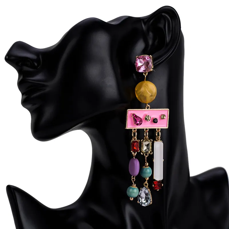 Candy Color Resin Stone Long Chain Crystal Drop Earrings Women Bohemian Statement Big Water Drop Geometric Dangle Earrings 2018