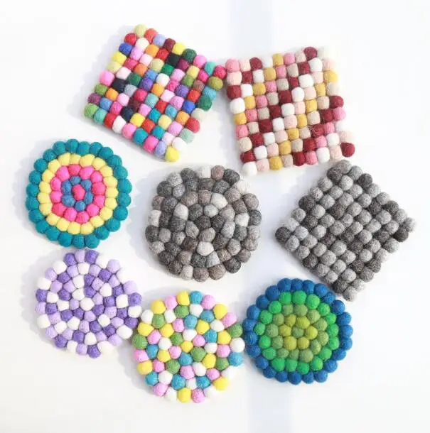 

1Pc Cup Round Square Coaster Handmade Wool Felt Ball Trivet Table 10*10cm Heat Resistant Mat