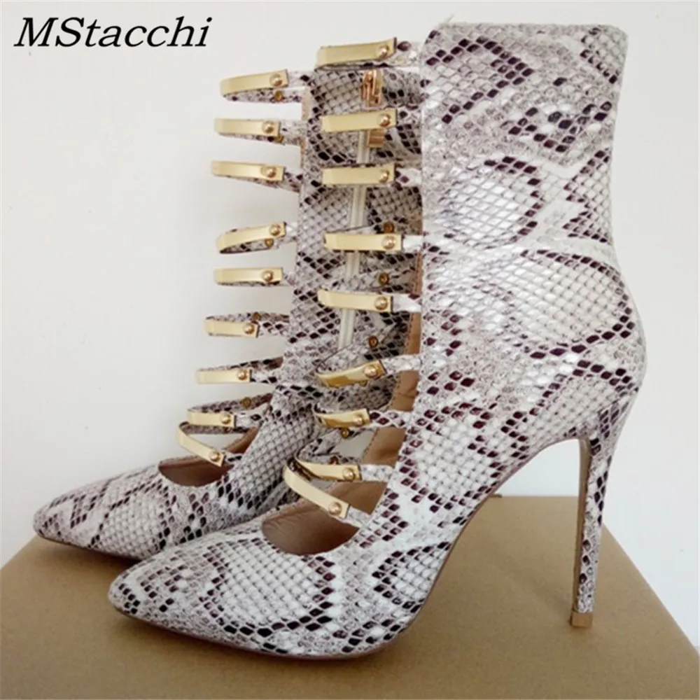 

Mstacchi 2019 New Spring Summer Woman Boots Cut Outs Boots Women Pointed Toe Metal Sequined Snakeskin High Heel Stietto Shoes