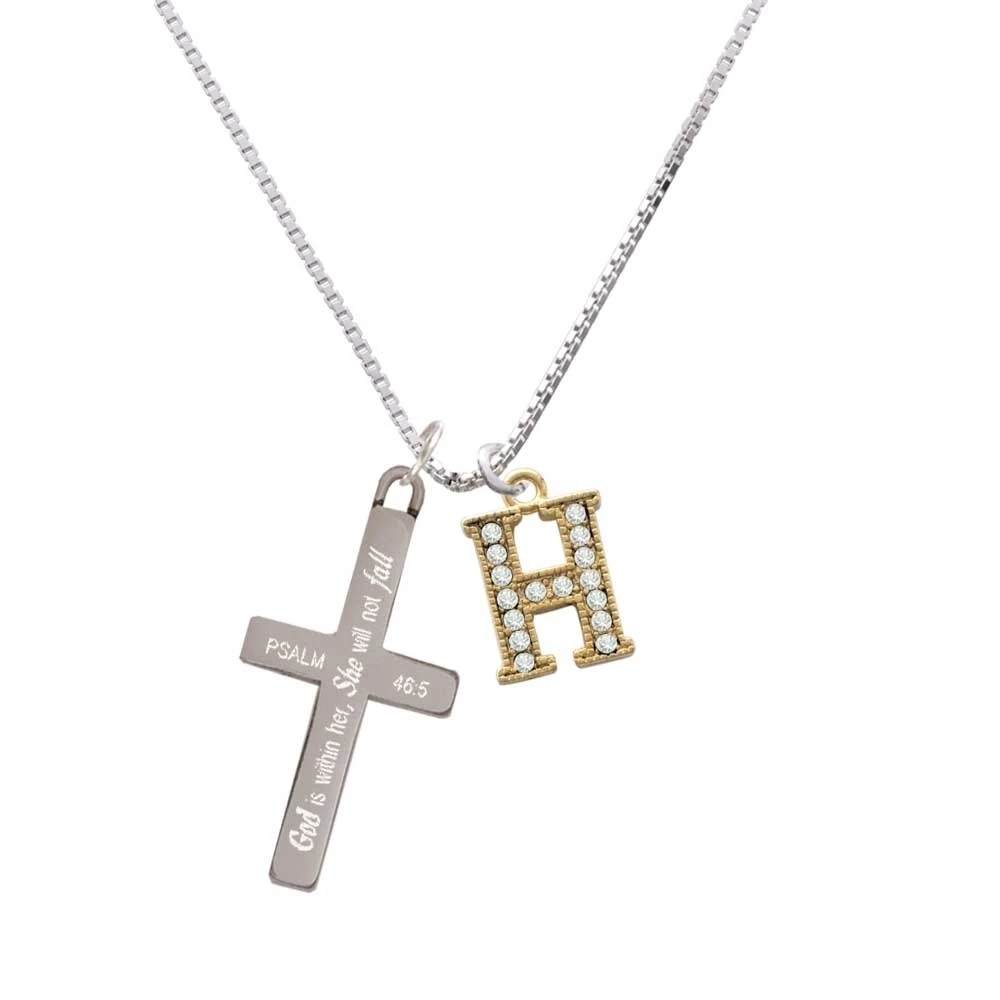 Crystal Gold Tone Initial - H - Beaded Border - - She will not Fall - Cross Necklace