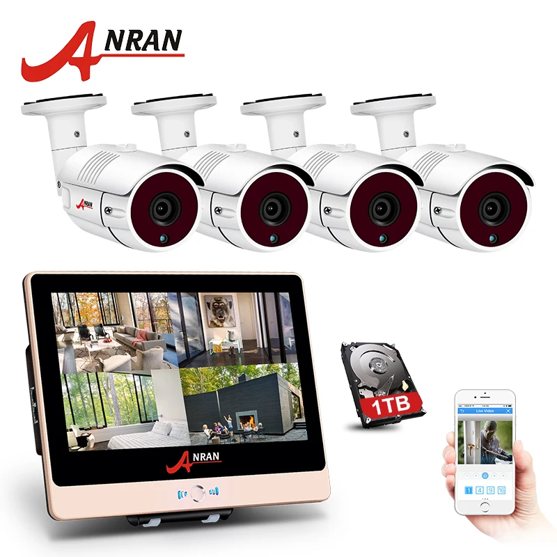 ANRAN 4CH POE NVR Kit CCTV 1080P 12" LCD Monitor HD Video Surveillance IP Camera Outdoor