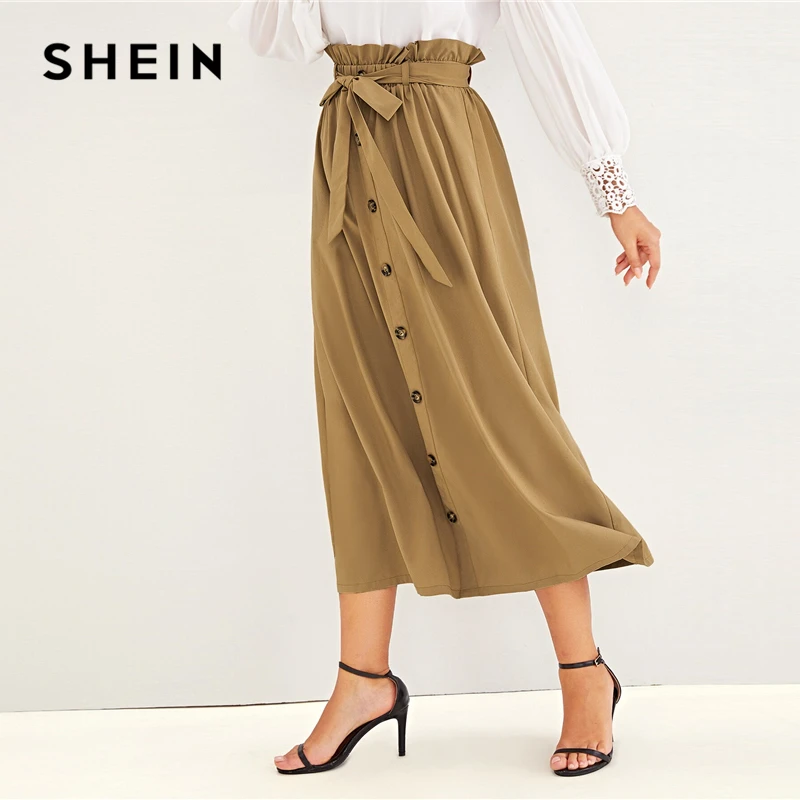 SHEIN abaya Camel Paperbag поясные однобортные юбки с поясом женские летние осенние с высокой талией однотонные расклешенные трапециевидные длинные юбки