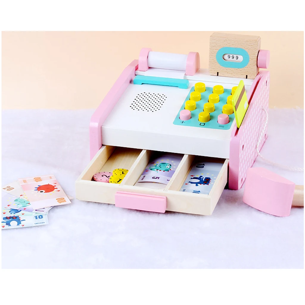 Pink Wooden Cash Register Playset with Assorted Accessories Supermarket Pretend Play Game Boys & Girls Educational Toy