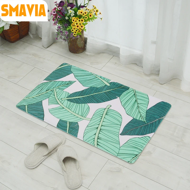 SMAVIA Green Leaf Pattern Rugs Coral Fleece No Slip Kitchen soft Area