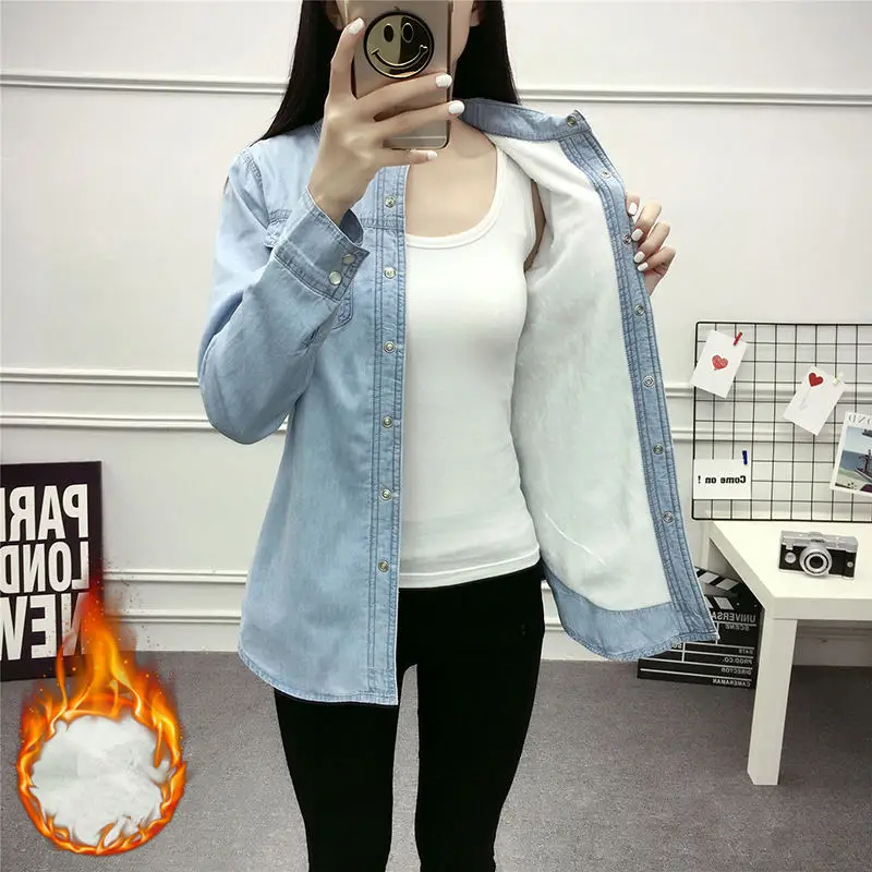  Plus Velvet Shirt Women Autumn Winter Denim Shirt Blouse Women Plus Size Tops Thicken Warm Womens T