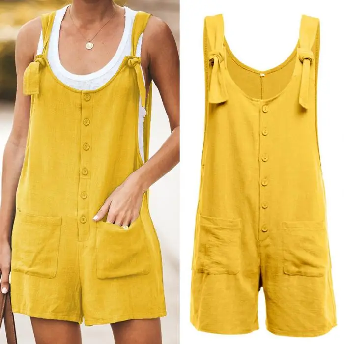 Women Cotton Linen Strappy Wide Leg Loose Jumpsuit Overalls Short Bib Pants for Summer KNG88