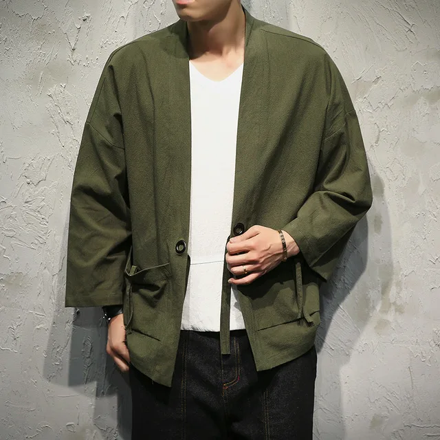 Sinicism Store мужские хлопковые льняные рубашки мужские летние полосатые кимоно рубашки мужские с рукавом три четверти открытая строчка Повседневная рубашка - Цвет: Green (Asian Size)