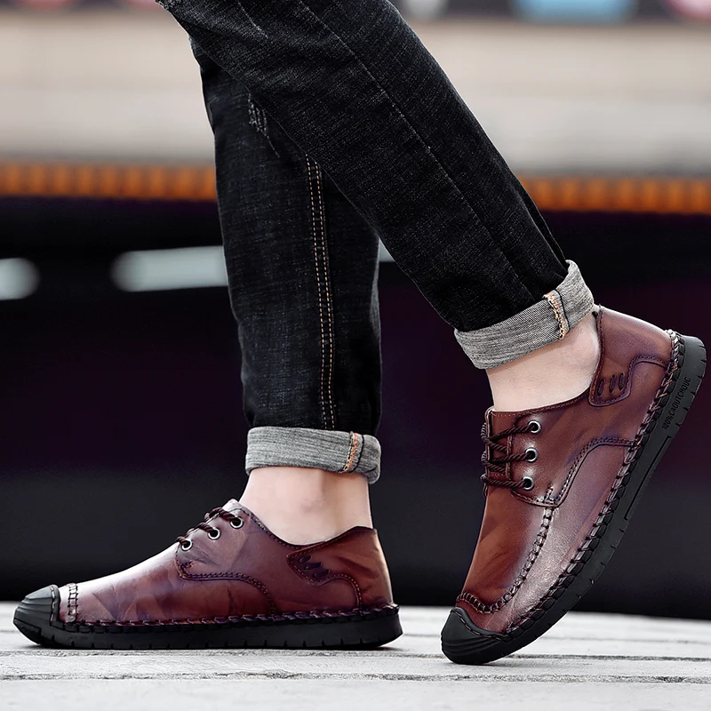 DXKZMCM Genuine Leather Shoes Men Flats Fashion Men's Casual Shoes Brand Man Soft Comfortable Lace up Loafers Shoes Mens