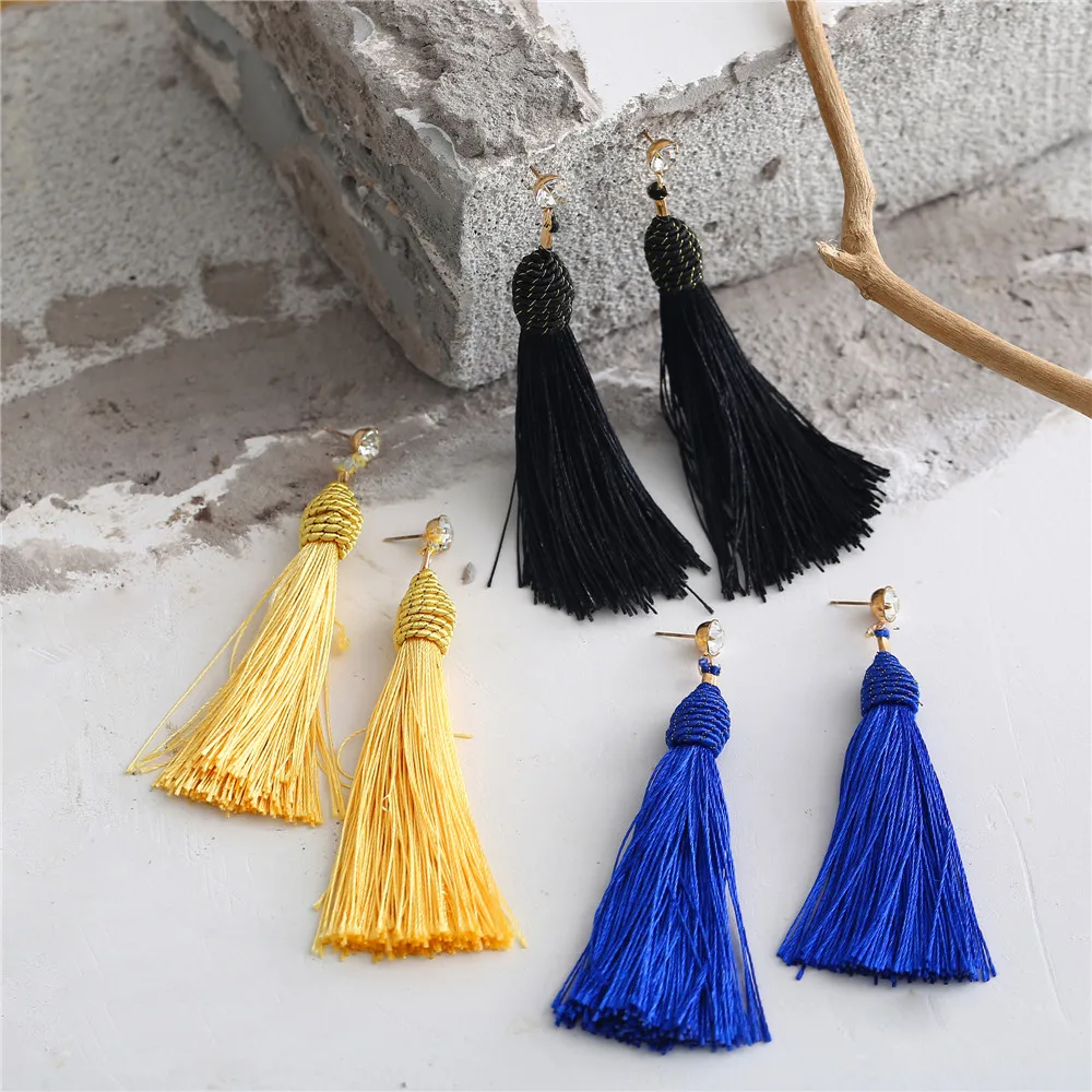 2018 Crystal Long Tassel Dangle Earrings For Women Black Yellow Blue Fashion Drop Earring Female Brincos Statement Jewelry