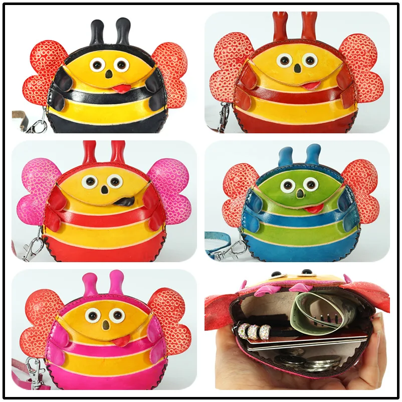 

Female Bag Leather Handmade Vegetable Tanned Leather Take Oblique Wallet Cartoon Bee Purse