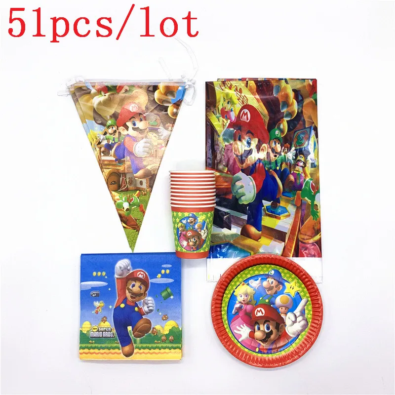 

51Pcs/lot Super Mario Cartoon Theme is suitable for a child's disposable tableware set napkin banner decoration party supplies