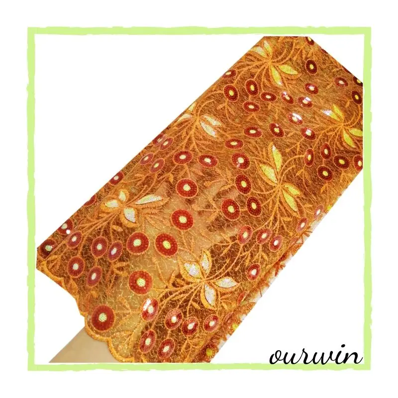 

Latest tulle fabrics lace 2019 burnt orange high quality net lace embroidered nigerian lace fabrics with sequins for garment