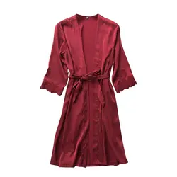 Ночная рубашка пикантные Для женщин Ночной халат кружева шелковые пижамы на шнуровке халаты платье с длинным рукавом кимоно пижамы