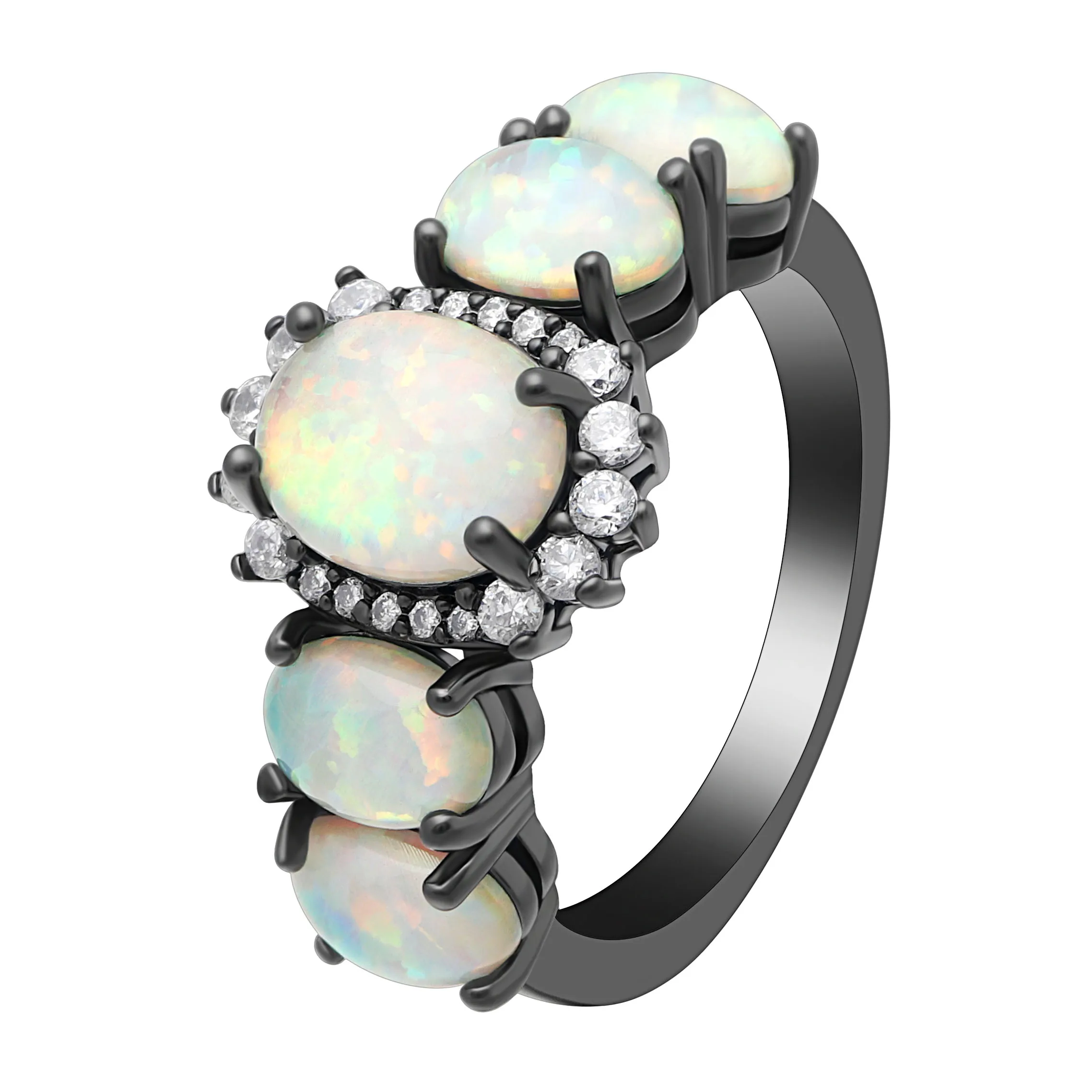 Hainon White Fire Opal Crystal Black Gold Color Rings For Women Jewelry Ring Size 6-10 Anelli Di Fidanzamento Con Zirconi Rossi Verdi