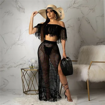 

New Bathing Suit Women Fashion Long Sleeve Boat Neck Tassel Hollow Out Side Slit Beach Dress 2pcs Swimming Suit For Women