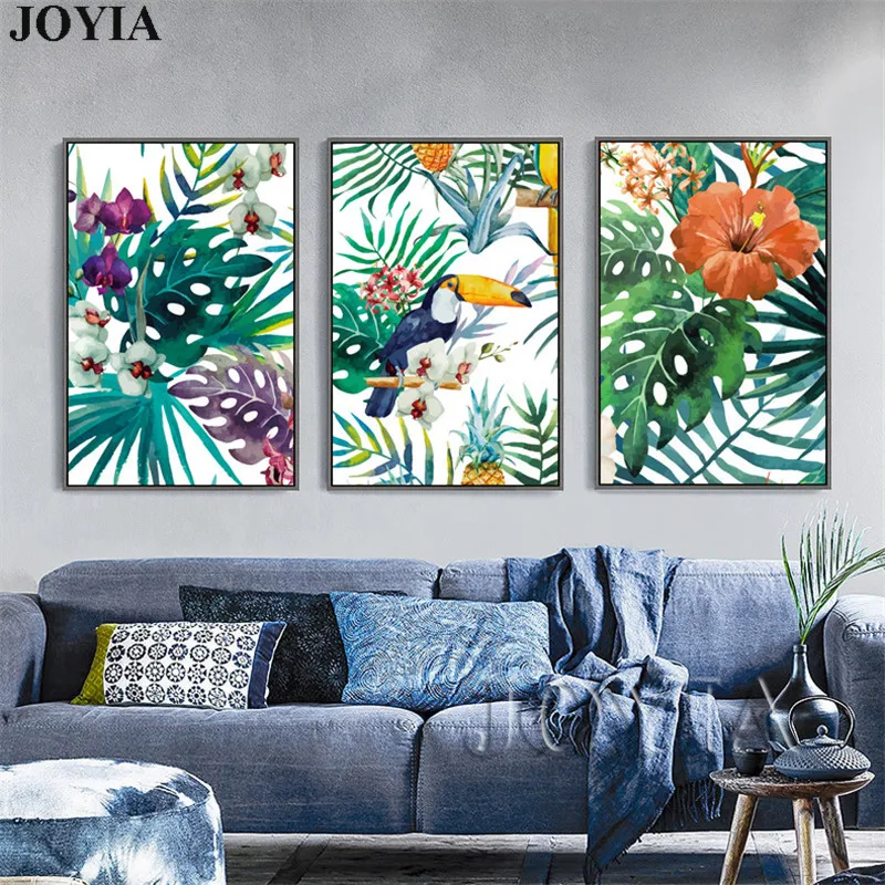 Акварельная картина с птицами тропические листья настенные картины украшение дома без рамки