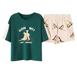 Корейские летние 2019 новые милые пижамы с принтом кошки женские хлопковые Пижамные комплекты эластичный с коротким рукавом талии пижамы