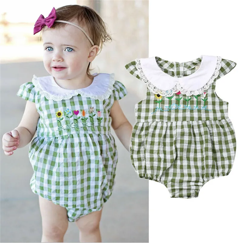 Bodysuits for Baby Girls Kids Clothes Infant Clothing Toddler Plaid Jumpsuit Summer Lace Peter Pan Collar Bodysuit Outfit