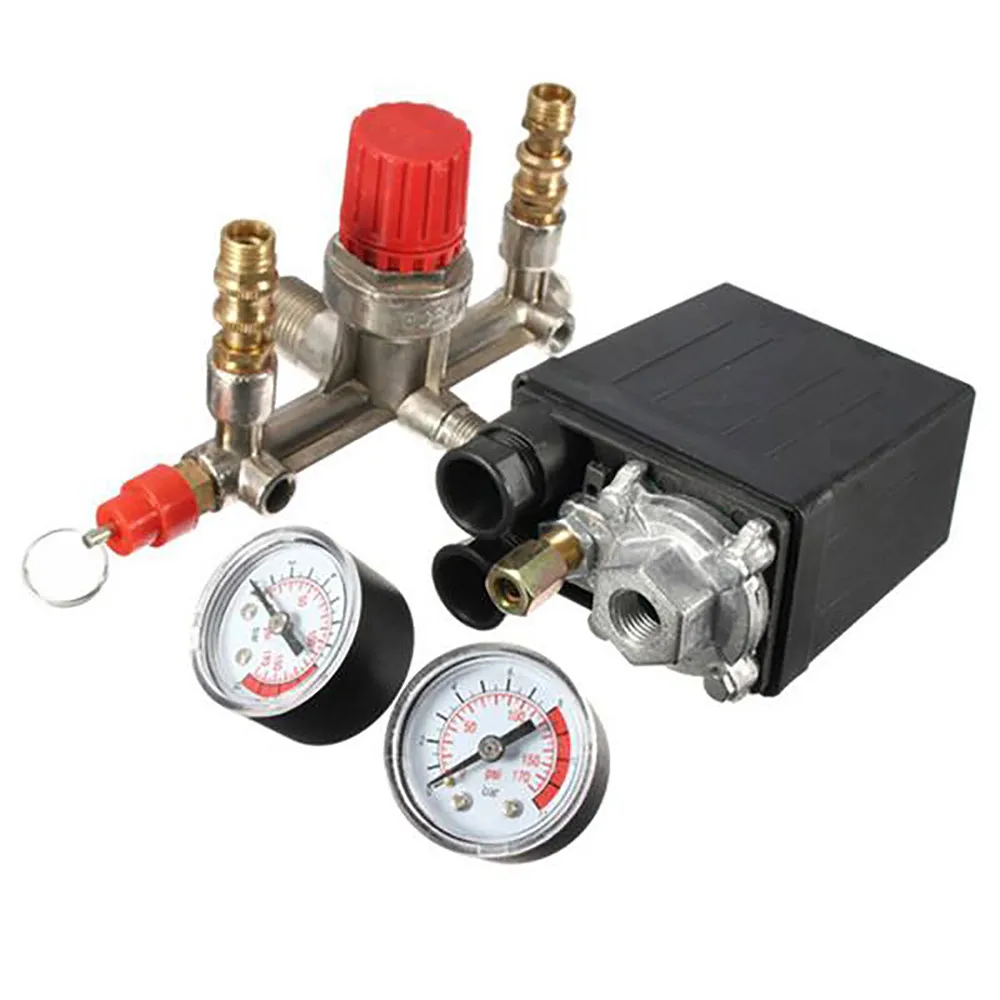 

AC 240V Regulator Heavy Duty Air Compressor Pump Pressure Control Switch 4 Port Air Pump Control Valve 7.25-125 PSI With Gauge