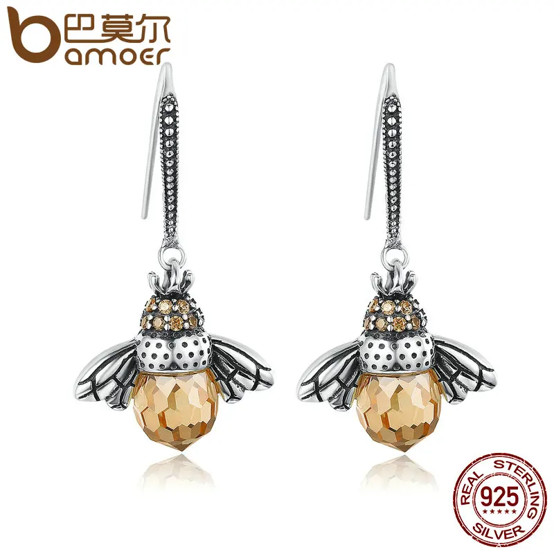BAMOER Hot Sale Genuine 925 Sterling Silver Lovely Orange Bee Animal Drop Earrings For Women Fine