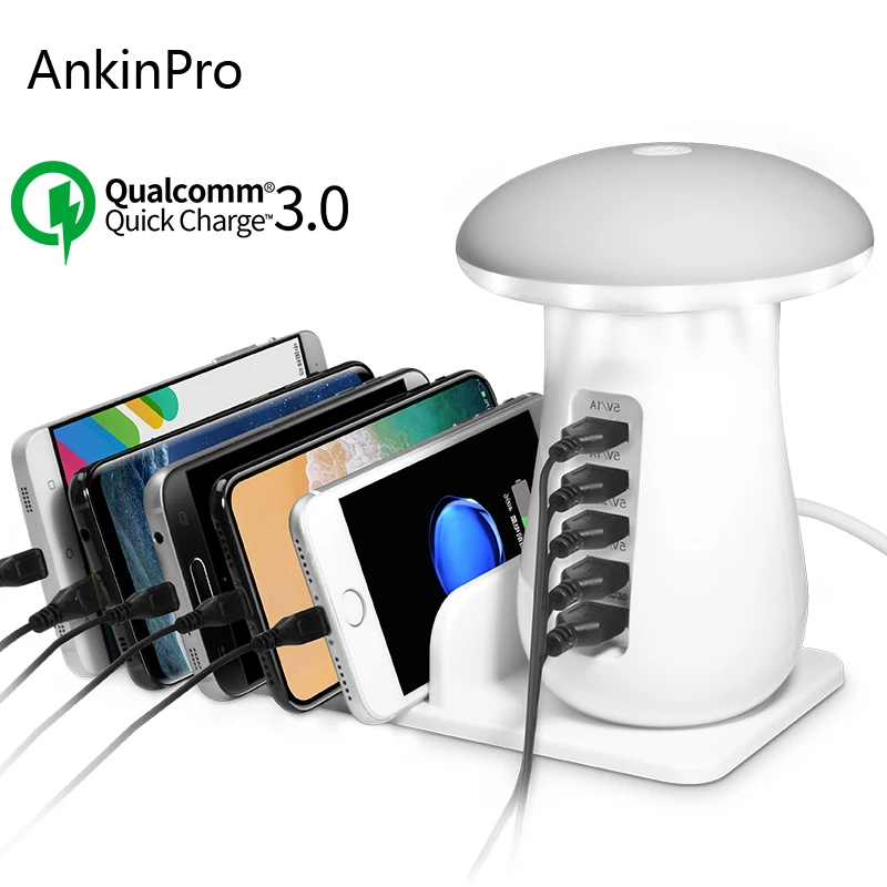 

CinkeyPro 5-Port Universal Mobile Phone USB Charger Fast Charging Quick Charge 3.0 for iPhone Samsung Tablet with LED Lamp
