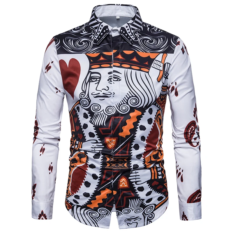 Mens Long Sleeve Printed Shirt Spring Fashion Cotton Poker Man Dress Shirts Slim Fit Casual Homme