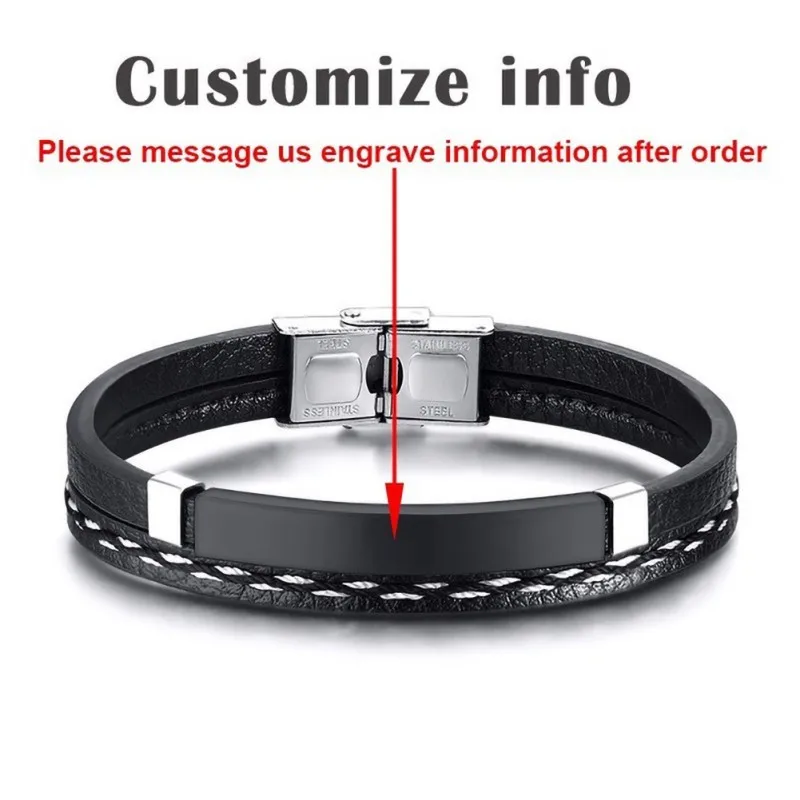 

2019 Multi Layer Leather Bracelets for Men Women Customizable Engraving Stainless Steel Bar Bangles Unisex Personalized Pulseira