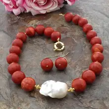 Красивый 14 мм красный коралл белый Кеши жемчужное ожерелье серьги набор 18"