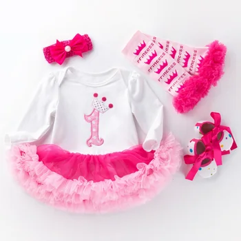 

party dress baby girl 1st birthday dress long sleeve newborn tutu dress lace tulle girl baptism dresses headband 4pcs/sets gift