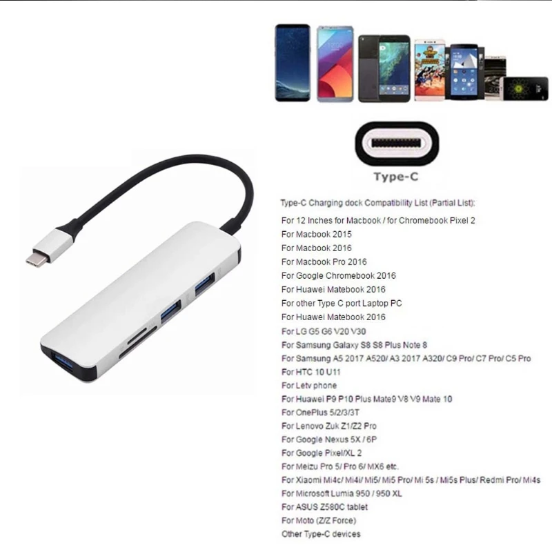 USB + Тип C 5in1 концентратор адаптер 3 USB 3,0 SD/TF Card Reader для Macbook ПК S9 Xiaomi