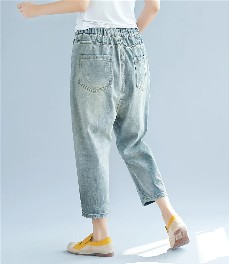 Новые летние осенние женские Джинсы бойфренда Корейская версия мультфильм шаблон вышивка рваные джинсовые шаровары размера плюс мешковатые брюки